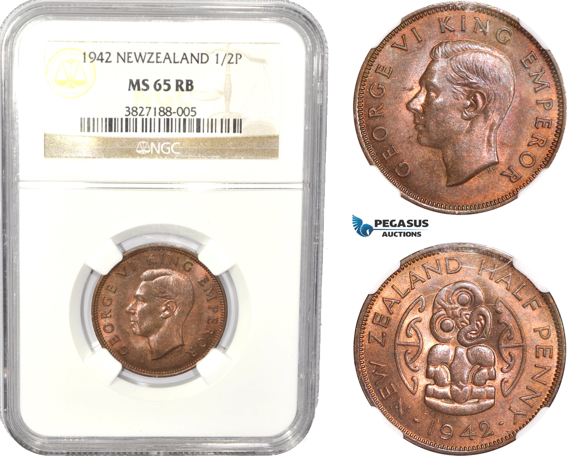 AC818, New Zealand, George V, 1/2 Penny 1942, NGC MS65RB, Pop 4/0