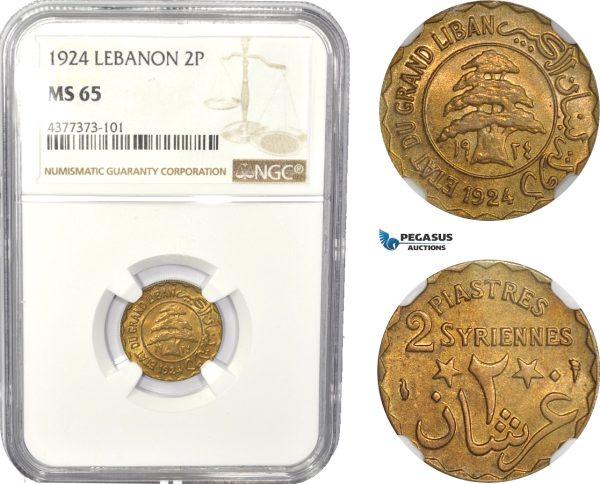 AC820, Lebanon, 2 Piastres 1924, Paris, NGC MS65, Pop 4/1