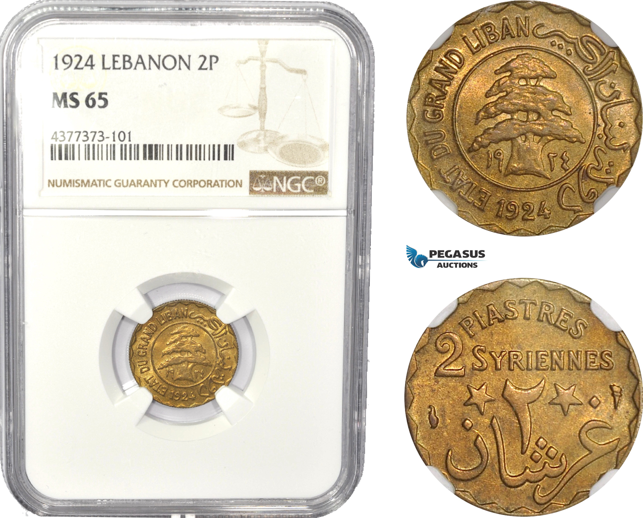 AC820, Lebanon, 2 Piastres 1924, Paris, NGC MS65, Pop 4/1