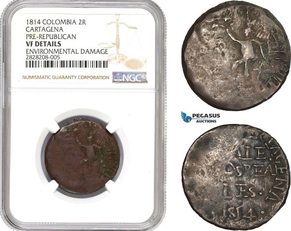 AC862, Colombia, Cartagena, Pre-Republican, 2 Reales 1814 "Normal 4" NGC VF Det. Rare!