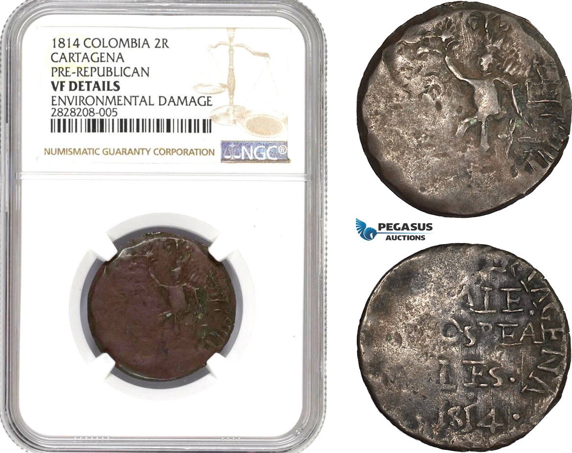 AC862, Colombia, Cartagena, Pre-Republican, 2 Reales 1814 "Normal 4" NGC VF Det. Rare!