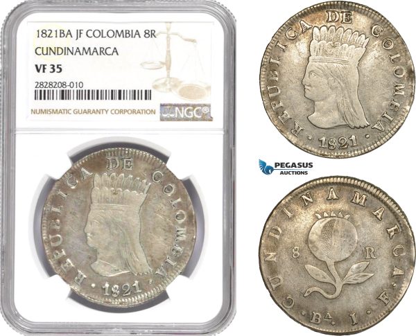 AC863, Colombia, Pre-Rebublican, 8 Reales 1821 Ba JF, Cundinamarca, Silver, NGC VF35