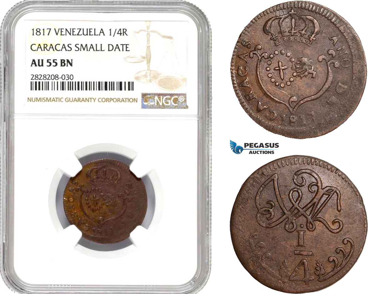 AC886, Venezuela, Caracas, 1/4 Real 1817 "Small Date" NGC AU55BN
