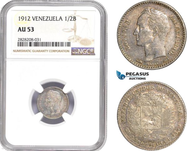AC887, Venezuela, 1/2 Bolivar 1912, Paris, Silver, NGC AU53