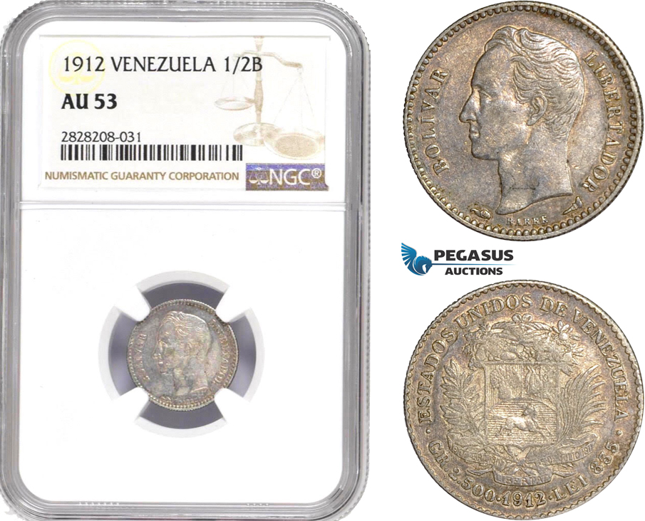 AC887, Venezuela, 1/2 Bolivar 1912, Paris, Silver, NGC AU53