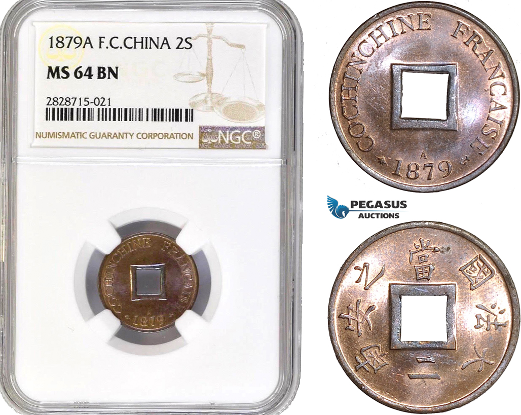 AC932, French Cochin-China, 2 Sapeque 1879-A, Paris, NGC MS64BN