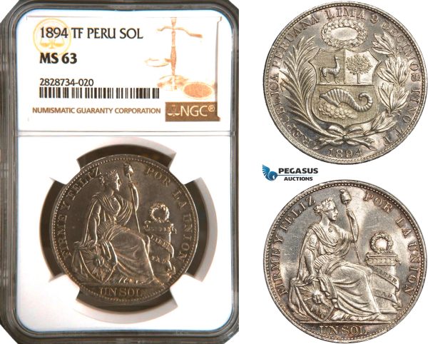 AC947, Peru, 1 Sol 1894 Lima TF, Lima, Silver, NGC MS63