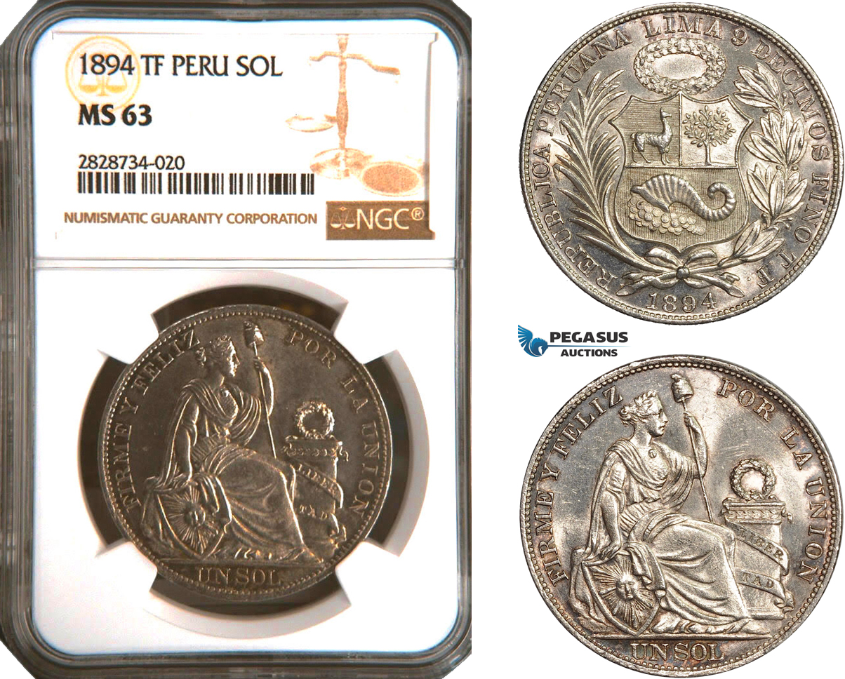 AC947, Peru, 1 Sol 1894 Lima TF, Lima, Silver, NGC MS63