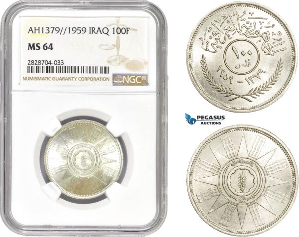 AC987, Iraq, 100 Fils AH1379 / 1959, Silver, NGC MS64