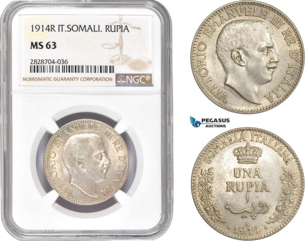 AC990, Italian Somaliland, Vitt. Emanuele III, Rupia 1914-R, Rome, Silver, NGC MS63