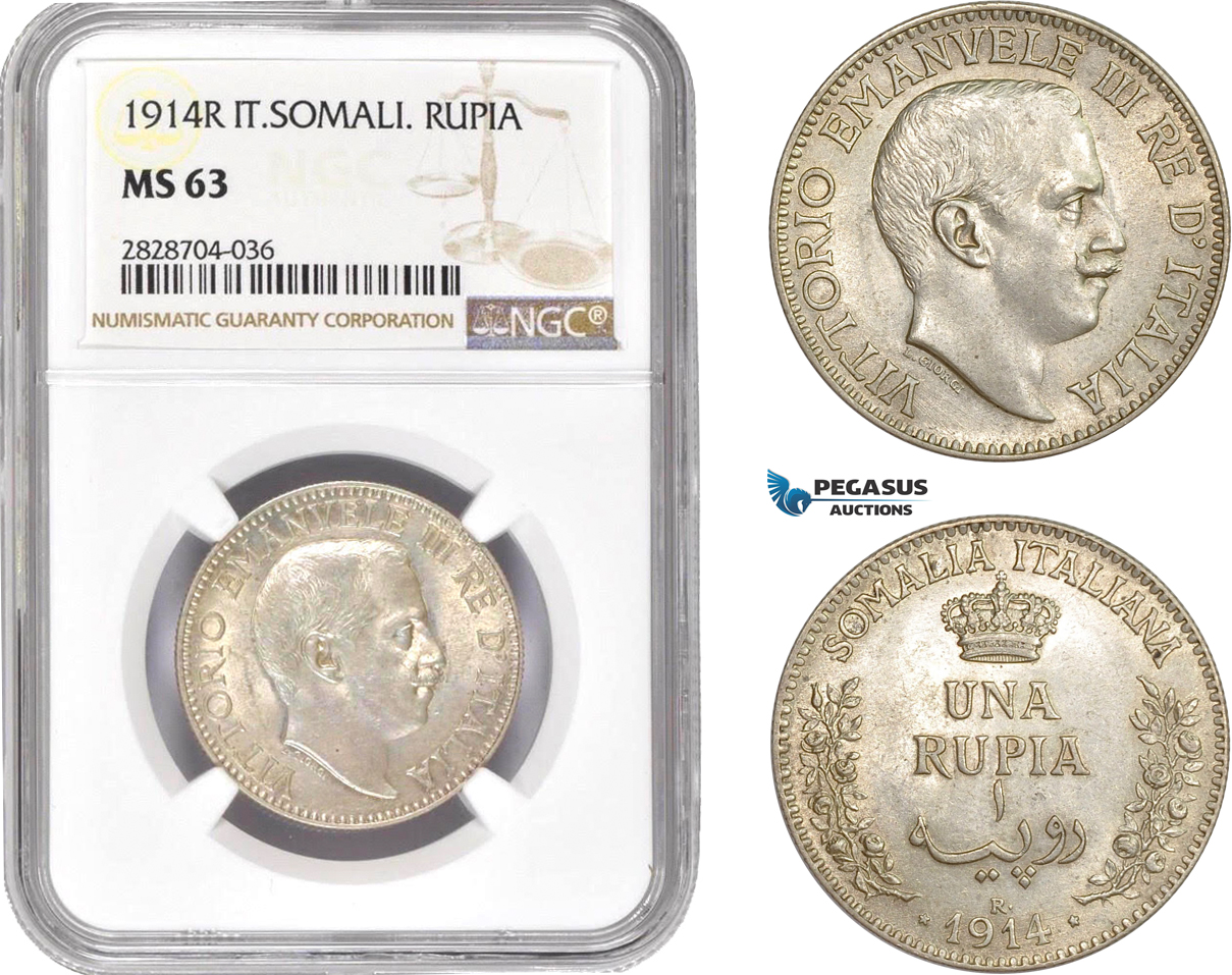 AC990, Italian Somaliland, Vitt. Emanuele III, Rupia 1914-R, Rome, Silver, NGC MS63