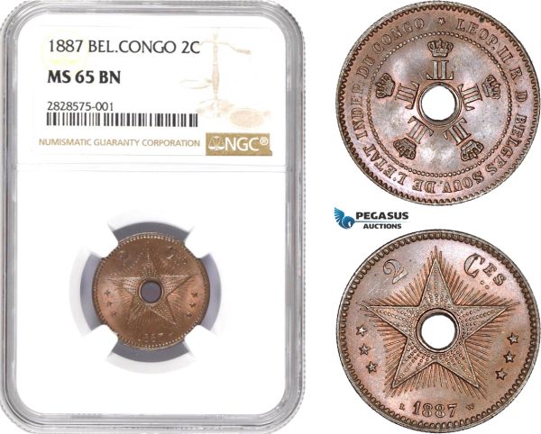 AD002-R, Belgian Congo, Leopold II, 2 Centimes 1887, NGC MS65BN