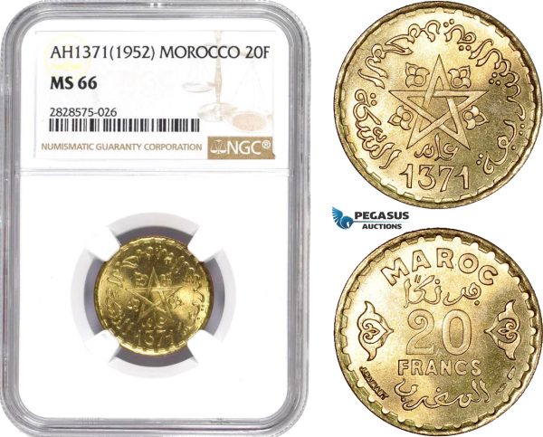 AD029-R, Morocco, Muhammad V, 20 Francs 1952, NGC MS66, Pop 3/1
