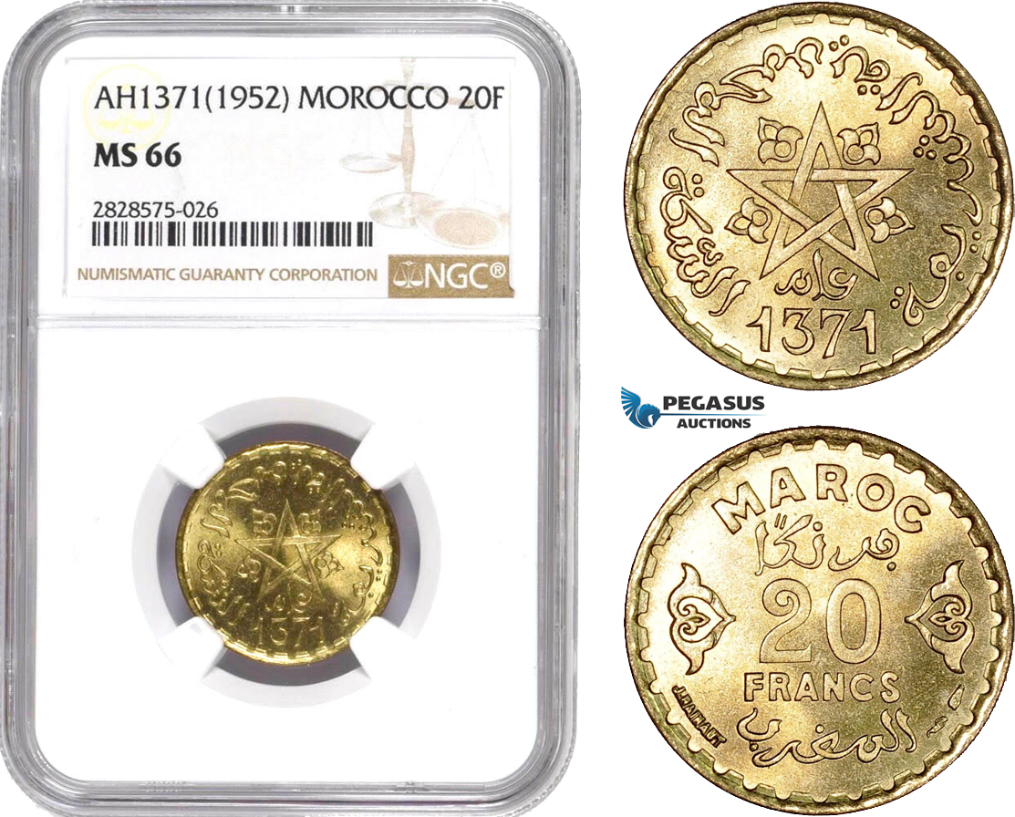 AD029-R, Morocco, Muhammad V, 20 Francs 1952, NGC MS66, Pop 3/1