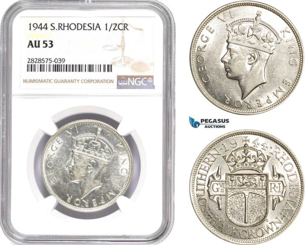 AD046-R, Southern Rhodesia, George VI, 1/2 Crown 1944, London, Silver, NGC AU53