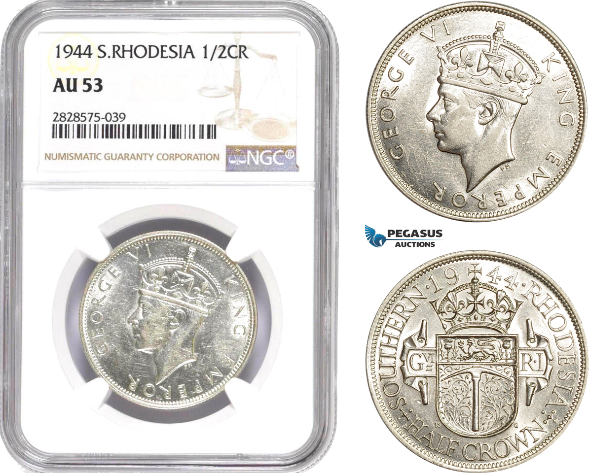 AD046-R, Southern Rhodesia, George VI, 1/2 Crown 1944, London, Silver, NGC AU53
