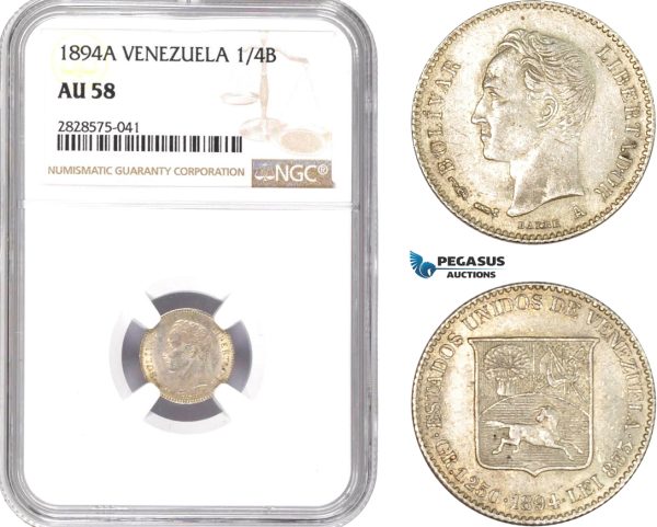 AD050-R, Venezuela, 1/4 Bolivar 1894-A, Paris, Silver, NGC AU58