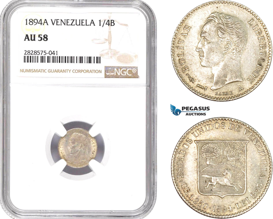 AD050-R, Venezuela, 1/4 Bolivar 1894-A, Paris, Silver, NGC AU58
