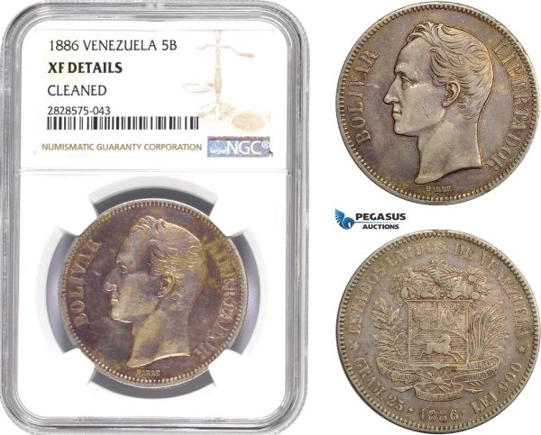 AD051-R, Venezuela, 5 Bolivares 1886, Caracas, Silver, NGC XF Details