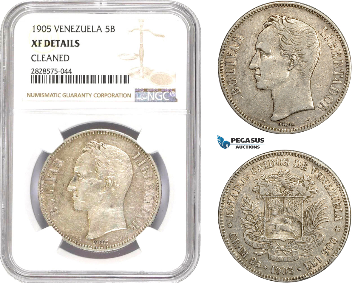 AD052-R, Venezuela, 5 Bolivares 1905, Paris, Silver, NGC XF Details