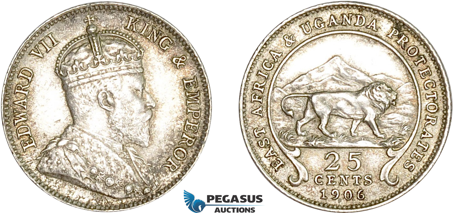 AD055, British East Africa, Edward VII, 25 Cents 1906, Silver, Lightly cleaned AU