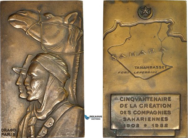 AD085, Algeria & France, Bronze Plaque Medal 1952 (60x100mm, 308.3g) by Drago, Saharan Companies, French Army, RR!!