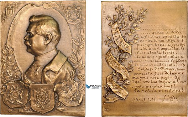 AD093, France, Russia, Greece & Bulgaria, WW1 Bronze Plaque Medal 1916 (69x51mm, 106g) by Gilbault, Marshal Joffre