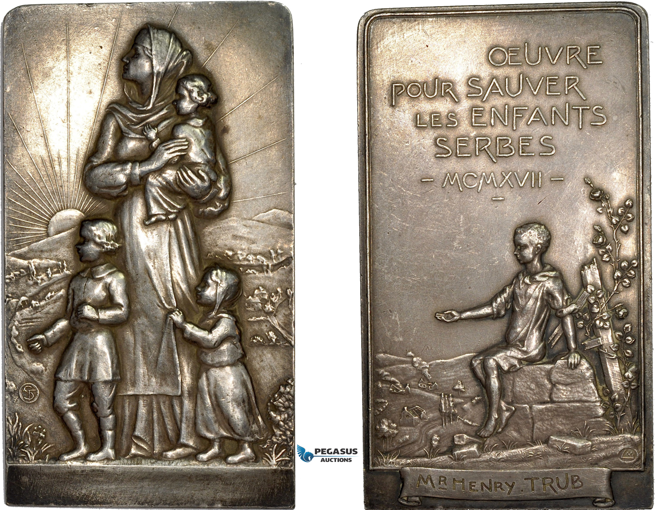 AD094, France & Serbia, Silver Plaque WW1 Medal 1917 (70x40mm, 85g)  Saving of Serbian Children, Rare!!