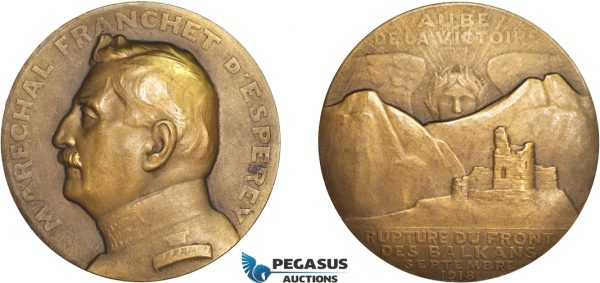 AD095, France, Bronze WW1 Medal 1918 (Ø68mm, 151g) by Roger – Bloche, Balkan Front, Marshal Franchet d’Esperey
