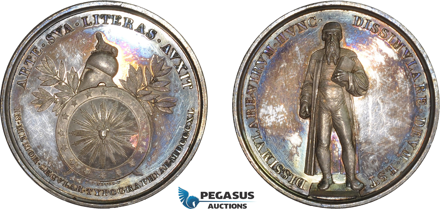 AD097, Germany, Silver Medal 1840 (Ø37mm, 15.8g) by Neuss, 400 Years of Printing, Gutenberg , Sphinx, PROOF, Rare!