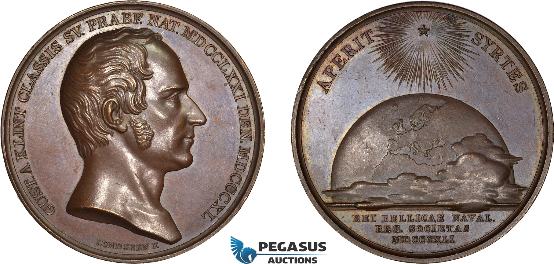 AD103, Sweden, Bronze Medal 1841 (Ø43mm, 37g) by Lundgren, Gustav af Klint, Admiral & Cartographer