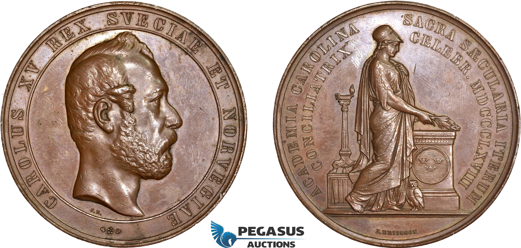 AD105, Sweden, Karl XV, Bronze Medal 1868 (Ø58mm, 71.5g) by Ericsson, Lund University, Owl, Minerva