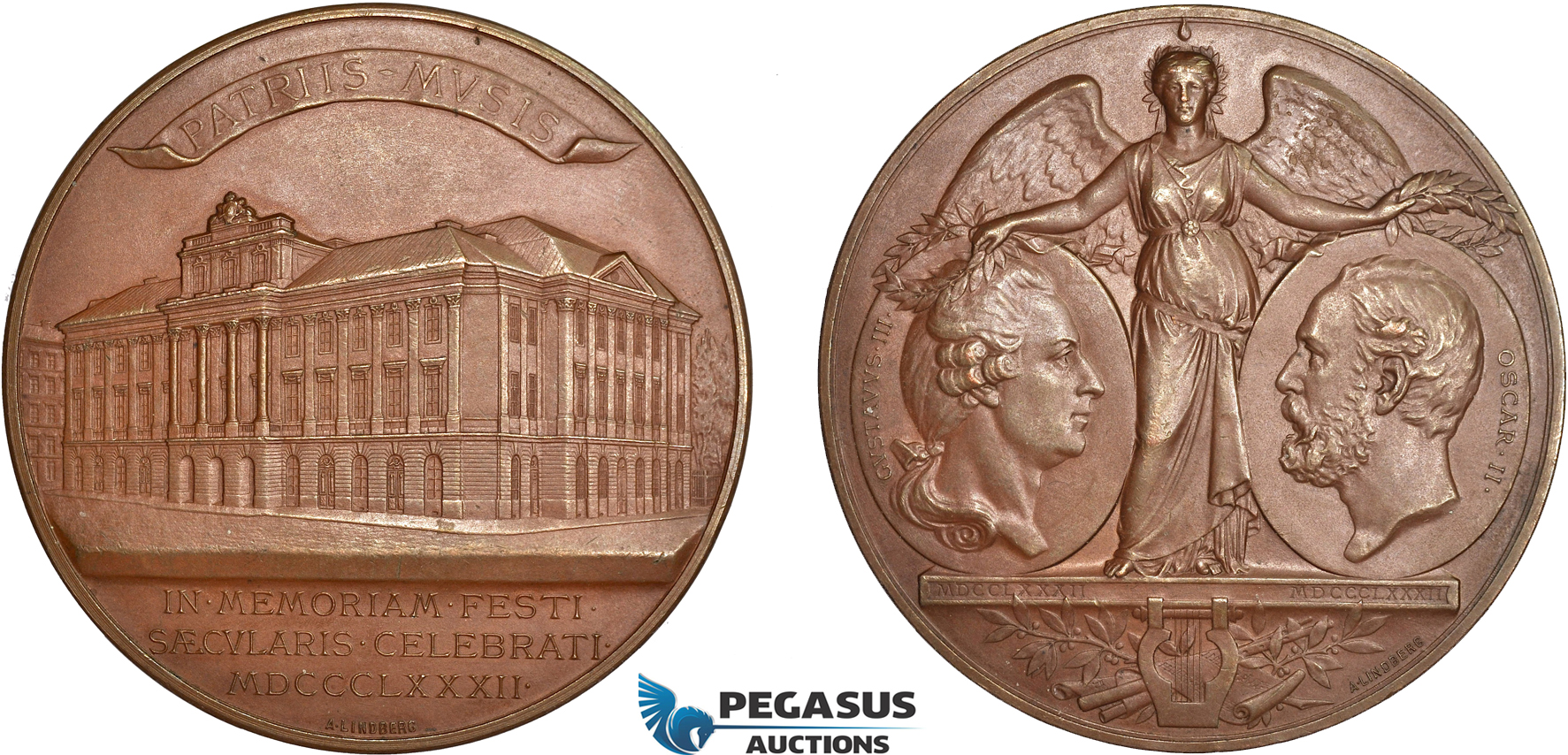 AD106, Sweden, Oscar II, Bronze Art Nouveau Medal 1882 (Ø69mm, 138g) by Lindberg