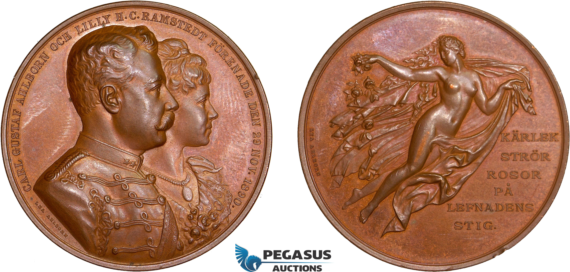 AD107, Sweden, Bronze Art Nouveau Medal 1890 (Ø44.5mm, 38.7g) Gustav Ahlborn Wedding, Angel