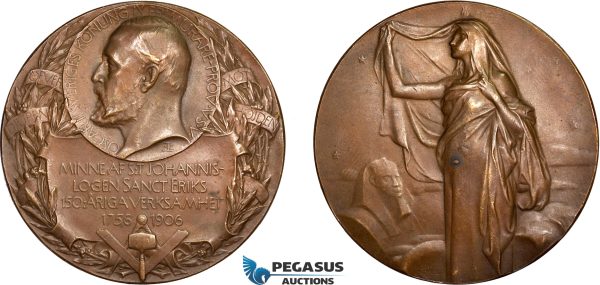 AD108, Sweden, Bronze Medal 1906 (Ø50mm, 67g) by Lindberg, Masonic Lodge, Egyptian Sphinx