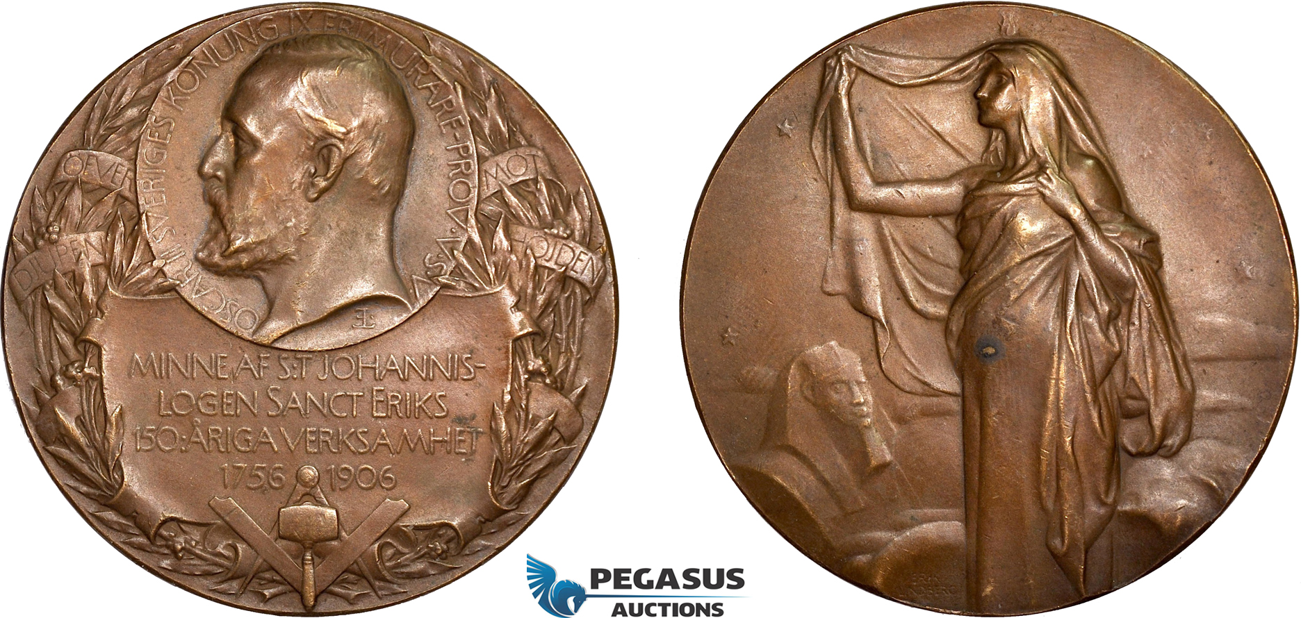 AD108, Sweden, Bronze Medal 1906 (Ø50mm, 67g) by Lindberg, Masonic Lodge, Egyptian Sphinx