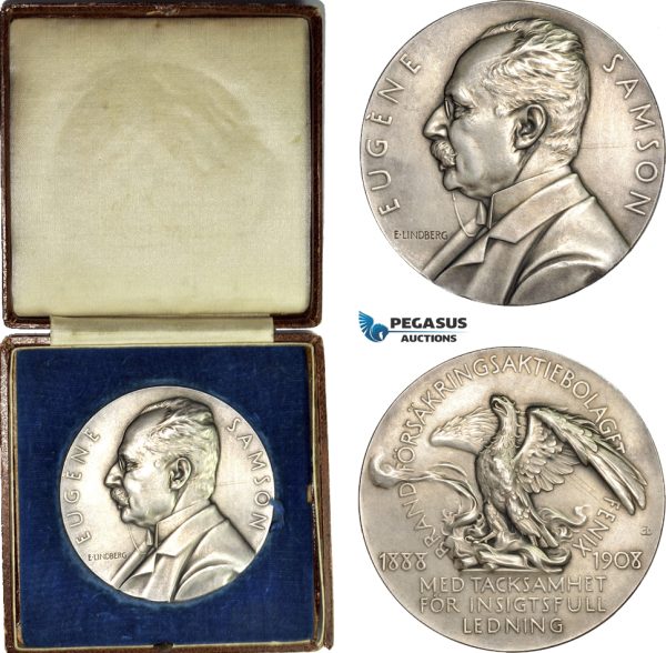 AD109, Sweden, Silver Medal 1908 (Ø56mm, 100g) by Lindberg, Eugene Samson, Fire Insurance, Phoenix