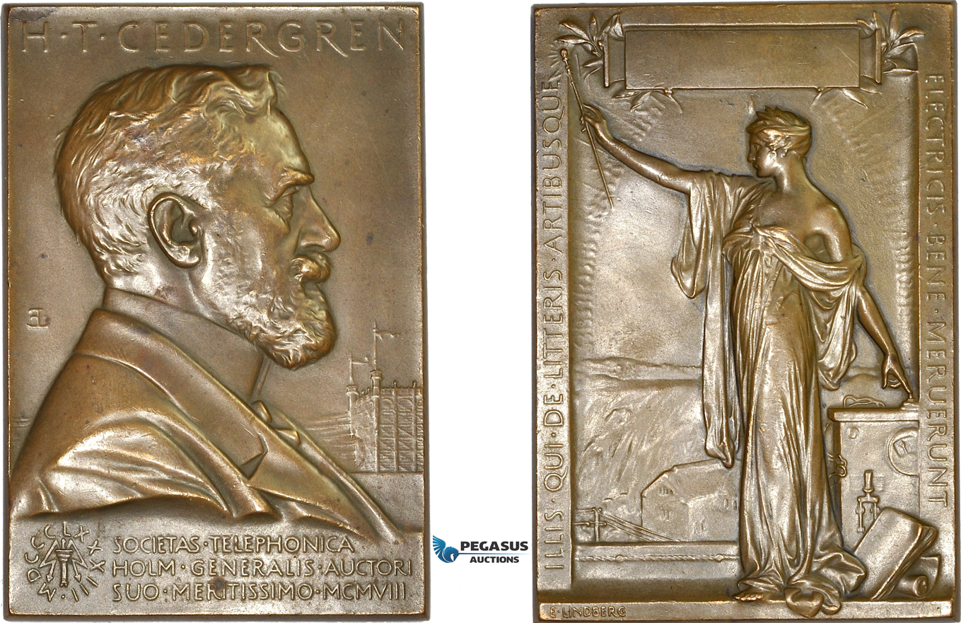 AD110, Sweden, Art Nouveau Bronze Plaque Medal 1908 (52x76mm, 133g) by Lindberg, Electricity, Cedergren
