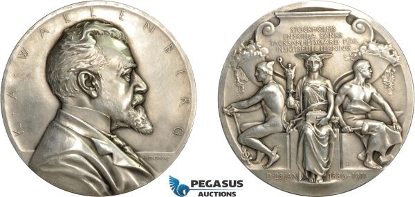 AD111, Sweden, Silver Art Nouveau Medal 1911 (Ø63mm, 129g) by Lindberg, K. A. Wallenberg, Enskilda Bank
