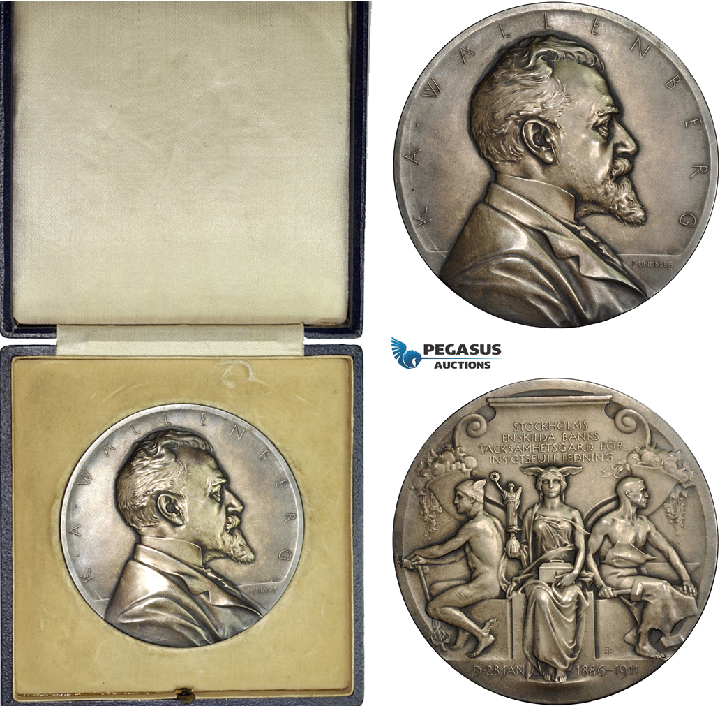 AD112, Sweden, Silver Art Nouveau Medal 1911 (Ø63mm, 129g) by Lindberg, K. A. Wallenberg, Enskilda Bank