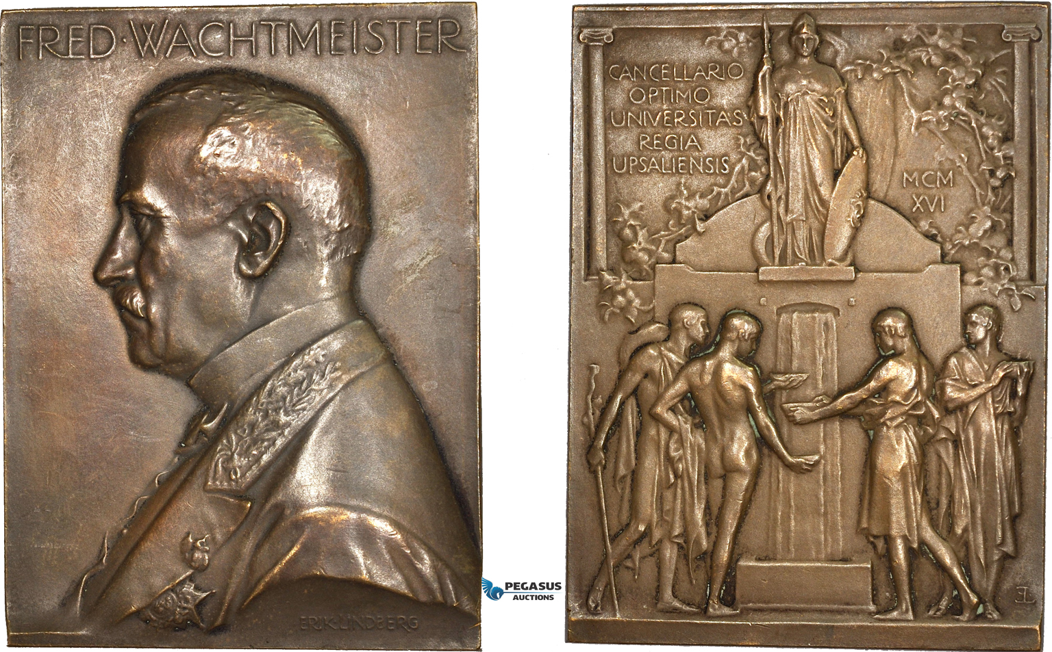 AD113, Sweden, Bronze Plaque Medal 1916 (49x65mm, 89g) by Lindberg, Uppsala University, Athena