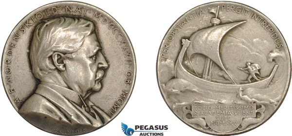 AD114, Sweden & Finland, Silver Medal 1925 (Ø31.5mm, 15.2g) by Lindberg, Nordenskiold, Viking Ship, Science Academy