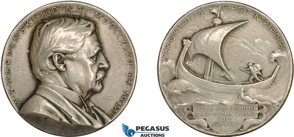 AD114, Sweden & Finland, Silver Medal 1925 (Ø31.5mm, 15.2g) by Lindberg, Nordenskiold, Viking Ship, Science Academy