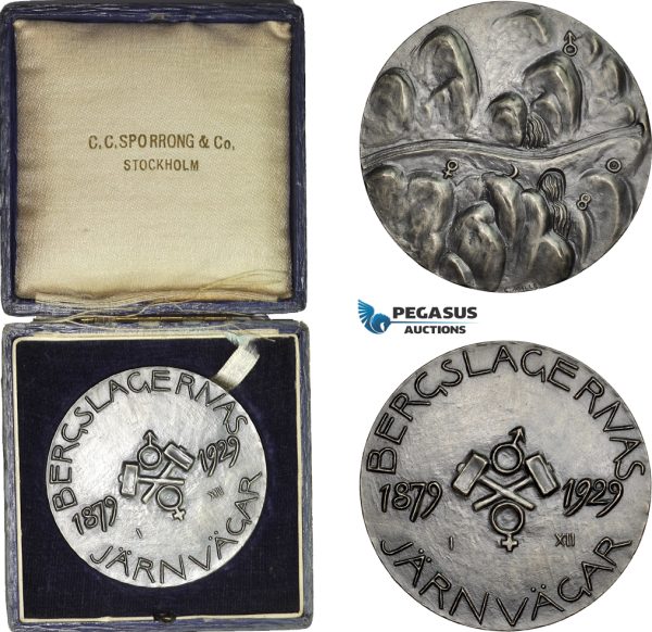 AD116, Sweden, Silver Medal 1929 (Ø50mm, 62g) by Milles, Train, 50 Years of Bergslagen Railroad
