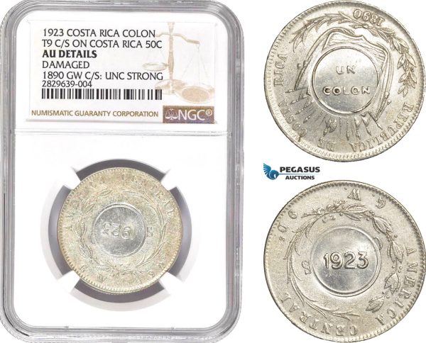 AD134, Costa Rica, Colon 1923, C/S on 50C 1890, Silver, NGC AU Det. Damaged, UNC Strong