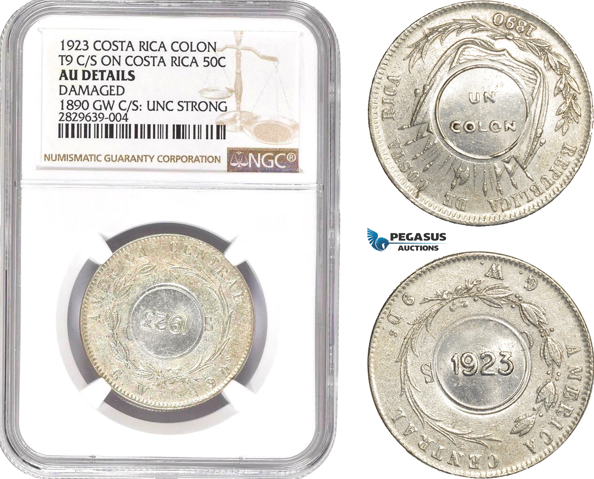 AD134, Costa Rica, Colon 1923, C/S on 50C 1890, Silver, NGC AU Det. Damaged, UNC Strong