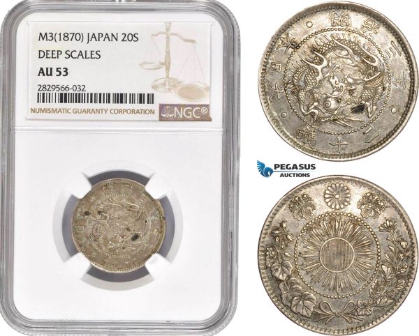 AD147-R, Japan, Meiji, 20 Sen Yr. 3 (1870) Deep Scales, Silver, NGC AU53