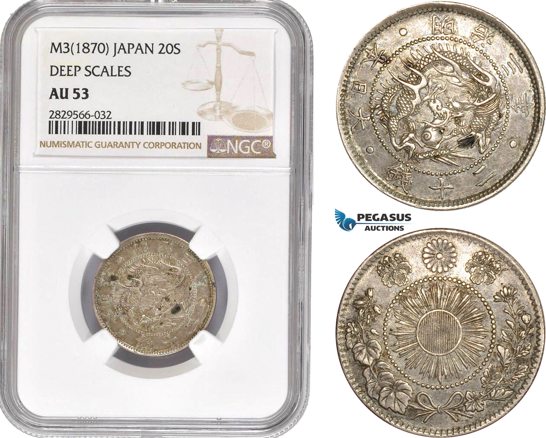 AD147-R, Japan, Meiji, 20 Sen Yr. 3 (1870) Deep Scales, Silver, NGC AU53