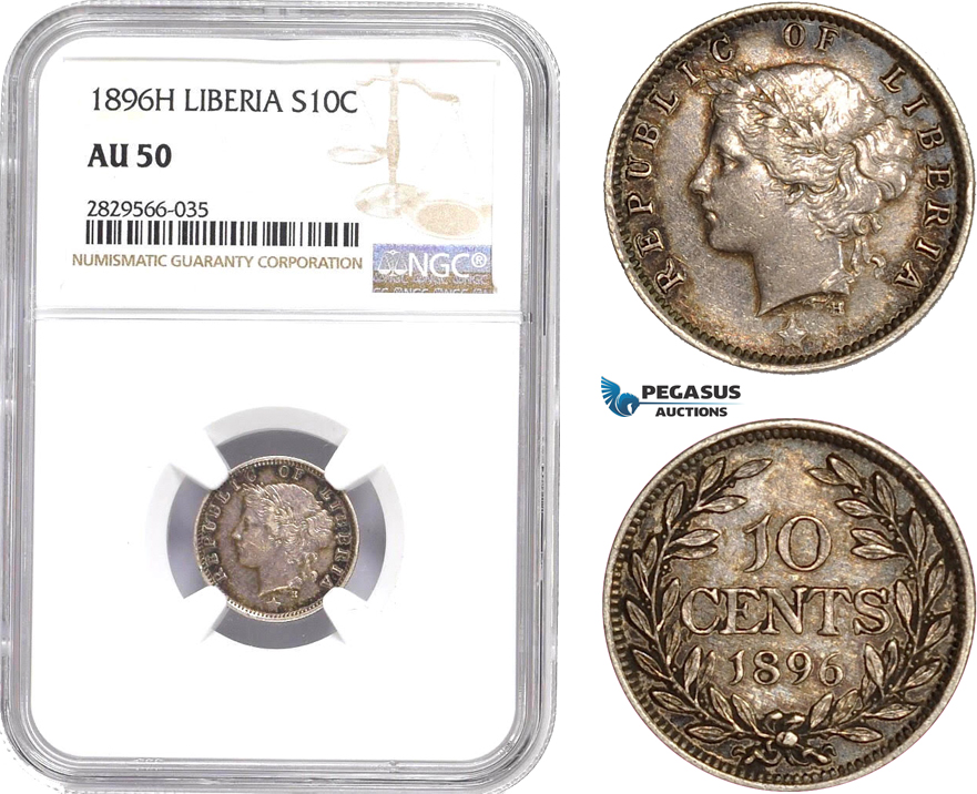 AD150-R, Liberia, 10 Cents 1896-H, Heaton, Silver, NGC AU50