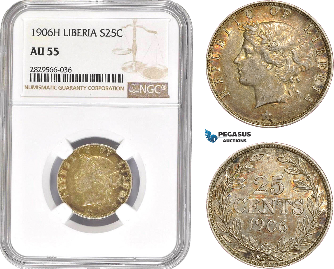 AD151-R, Liberia, 25 Cents 1906-H, Heaton, Silver, NGC AU55
